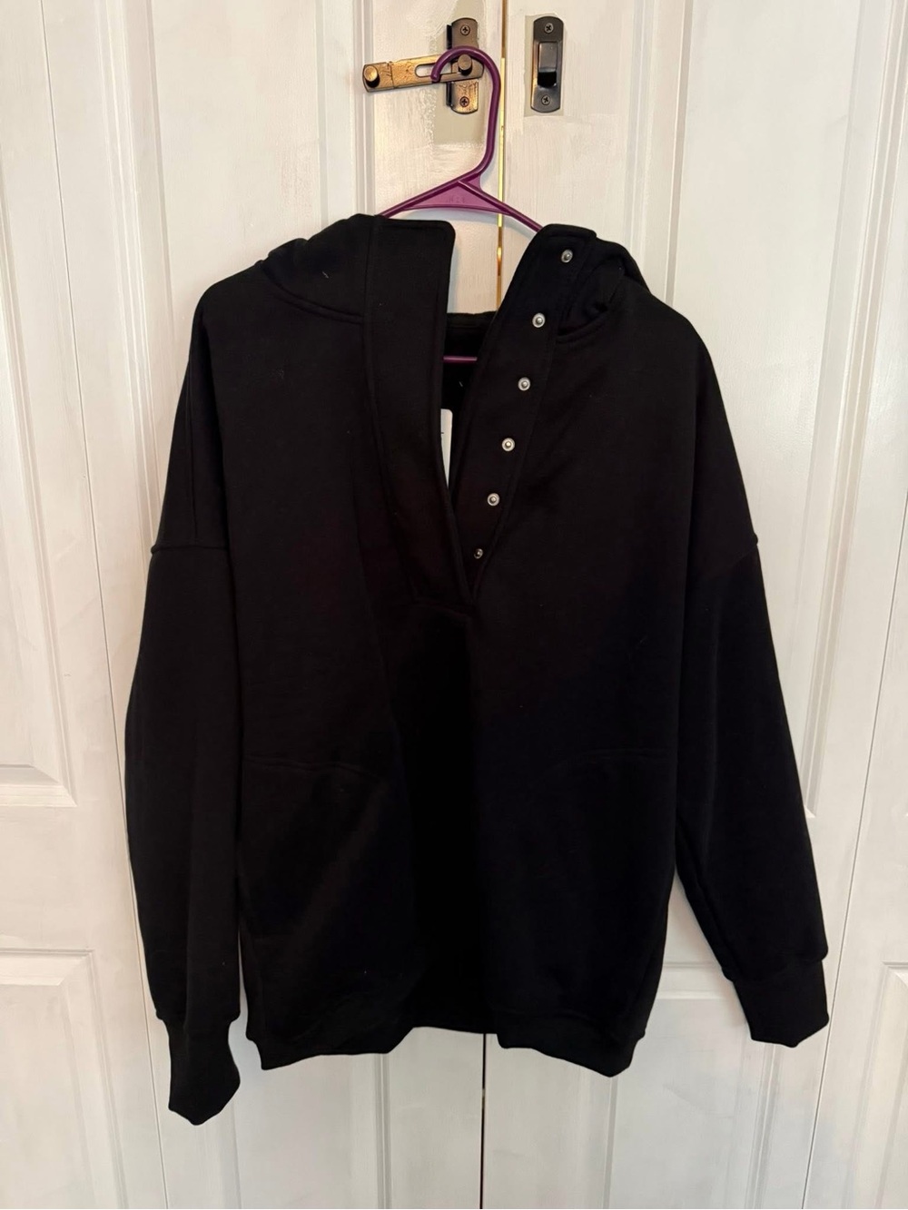 Black Snap-Placket Hooded Pullover Sweatshirt